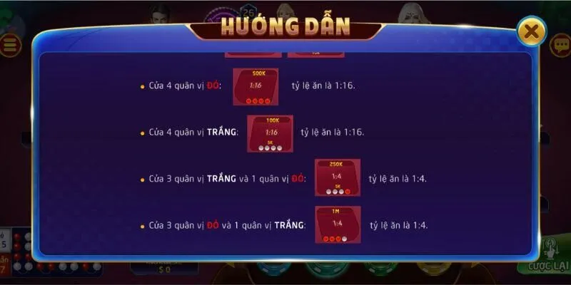 Các cửa cược phổ biến và tỷ lệ trả thưởng chi tiết trong Xóc Đĩa