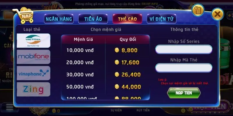 Nhập số seri và mã thẻ khi nạp tiền Rikvip bằng thẻ cào điện thoại