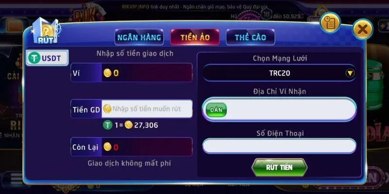 Thao tác rút tiền Rikvip bằng thẻ cào nhanh gọn